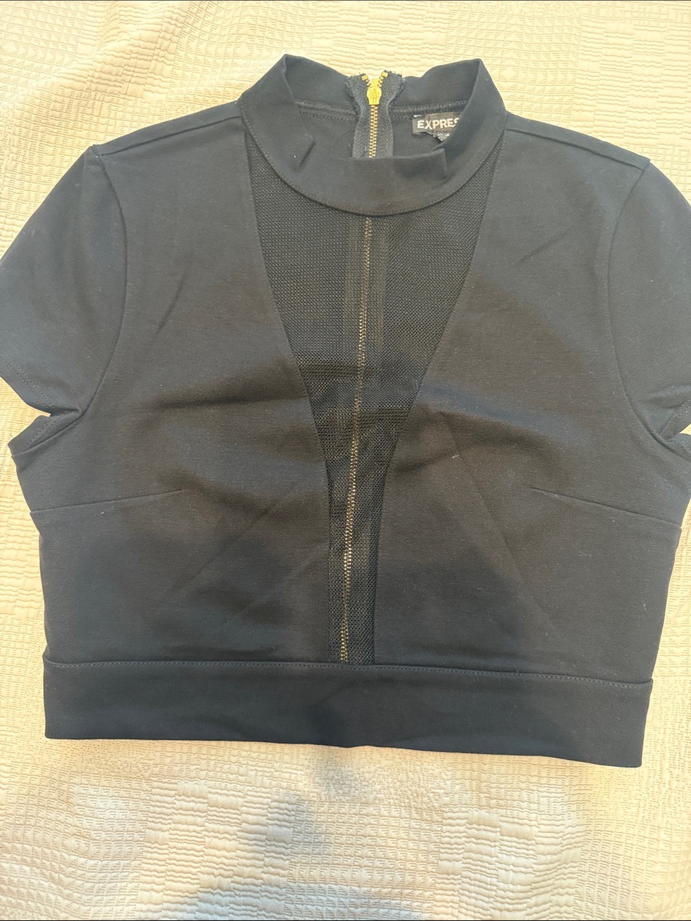 Express Black Mock Neck Mesh-Trim Zip Crop Top